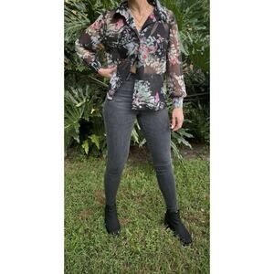 Vintage 1970s Shear Button Up Blouse Floral Handmade Size S-M Grannycore Top